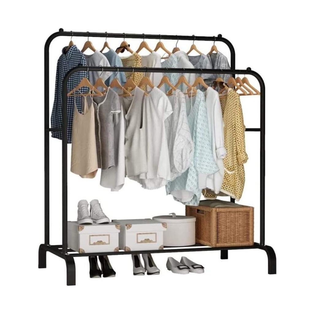 Double Rod Black Metal Clothes Rack with Shoe Shelf - Maximize Wardrobe Storage in Bedroom, Closet & Entryway