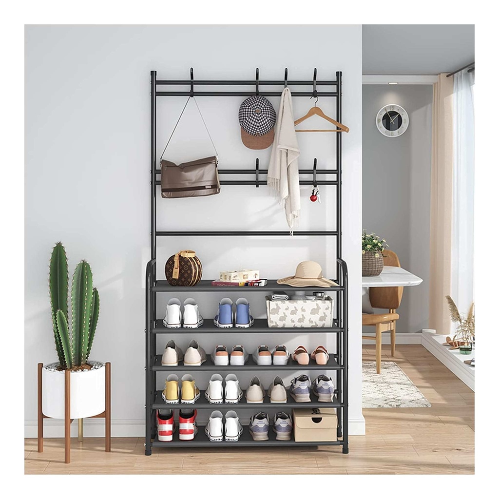 Modern 4-Tier Shoe Rack with 8-Hook Coat and Hat Organizer for Entryway and Hallway