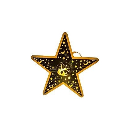 Illuminated Ramadan Star Lantern: LED Wooden Decor with Intricate Crescent Moon and Star Cutouts