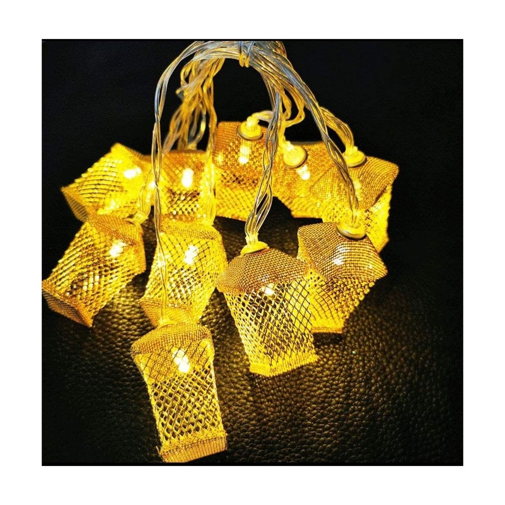 Gold Metal Lantern String Lights - 10 LED Warm White Festive Decor Lights for Home, Party, Ramadan