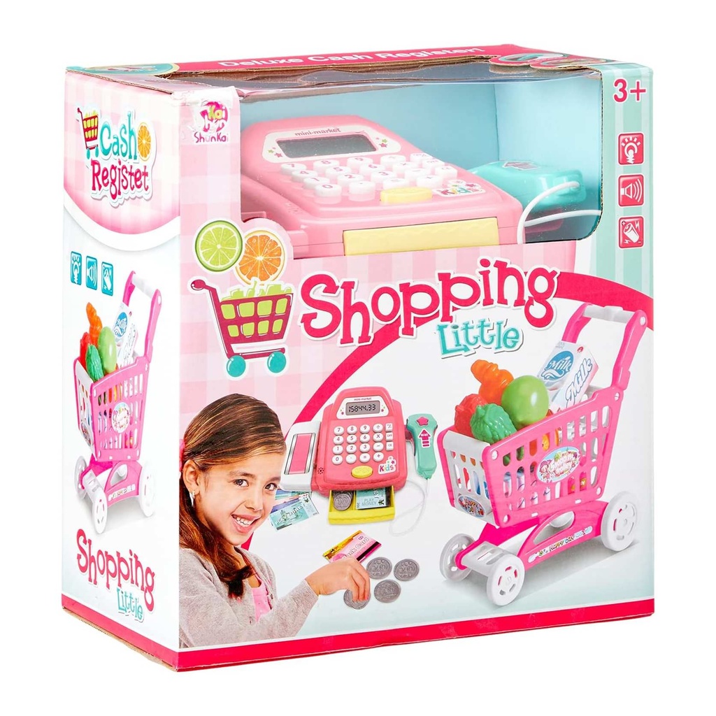 Pink Shopping Cart and Cash Register Playset for Kids - Pretend Play Grocery Store Toy with Accessories