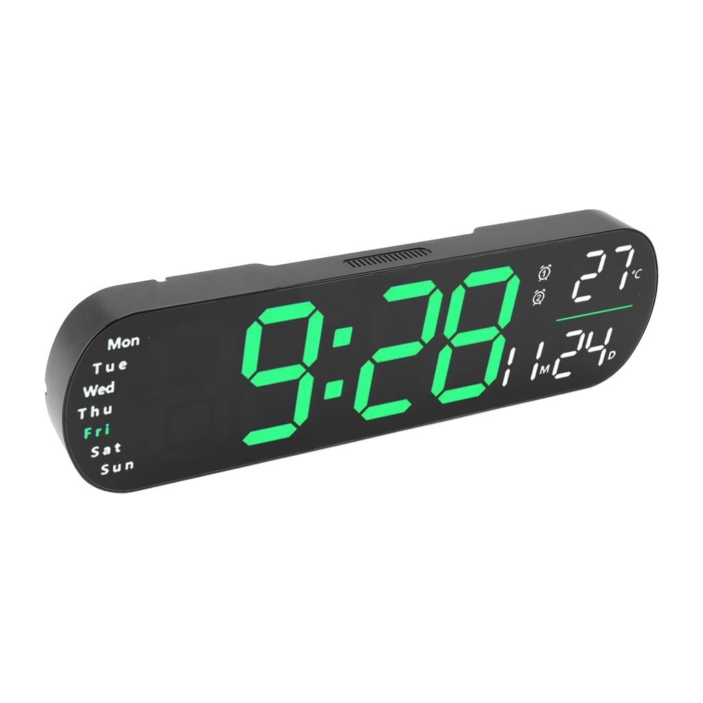 Modern Green LED Digital Wall Clock with Temperature and Day Display