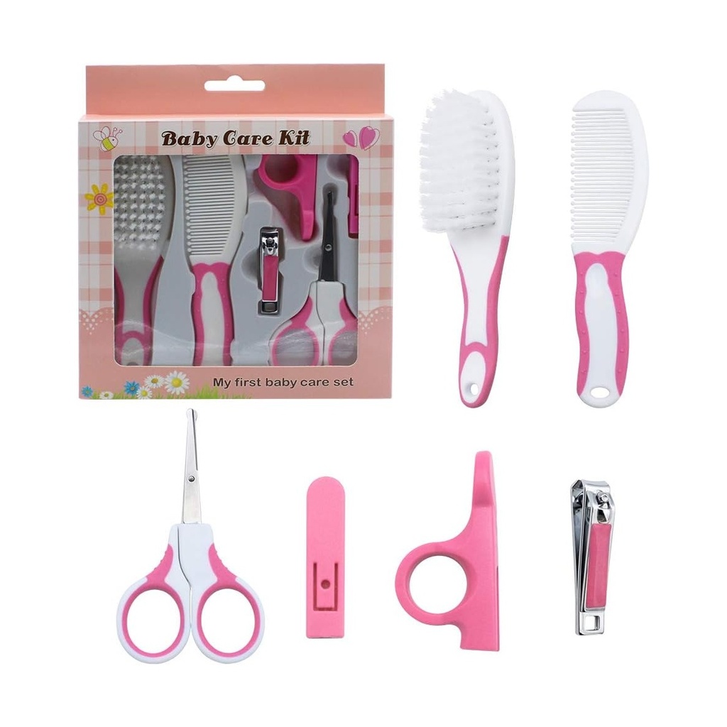 Newborn Baby Grooming Kit: 7-Piece Pink Manicure & Hair Care Set with Scissors, Brush, Comb & Nail Clippers