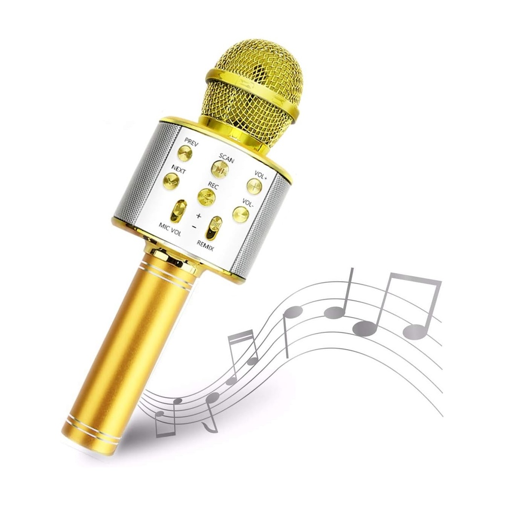 Gold Wireless Bluetooth Karaoke Microphone with Built-in Speaker and Remix Function - Portable Party Singalong for Kids and Adults