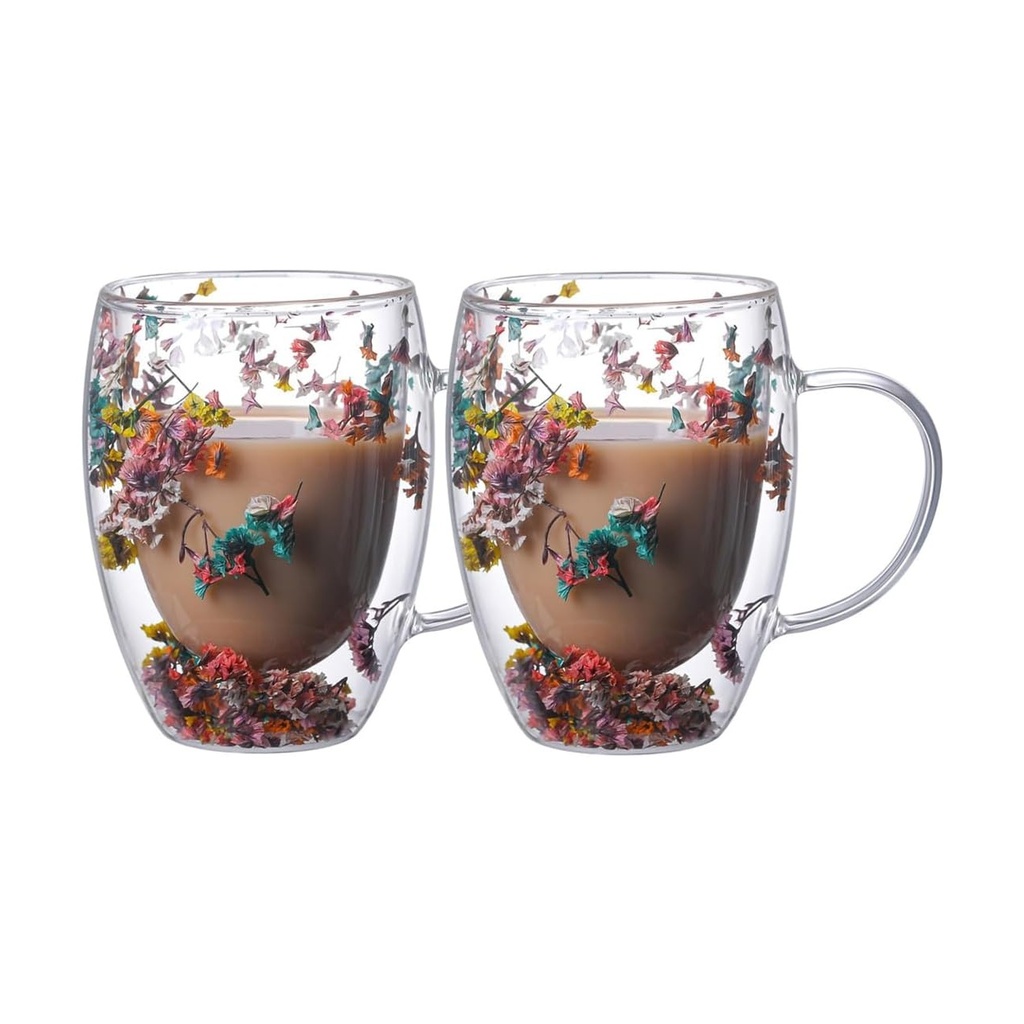 Double Wall Insulated Glass Mugs with Dried Flower Accents - Set of 2