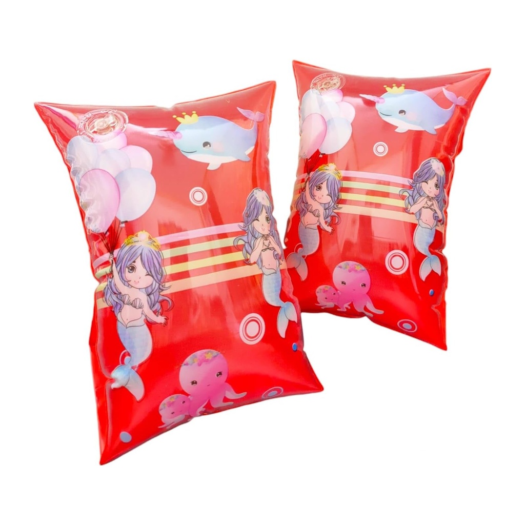 Kids' Red Inflatable Mermaid Arm Floaties with Narwhal and Octopus Design – Pool Safety Floats for Children