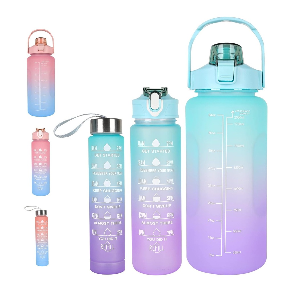 3-Pack Motivational Hydration Water Bottles with Time Markers & Straws - 2L, 1L, 0.5L Capacity - Gradient Design