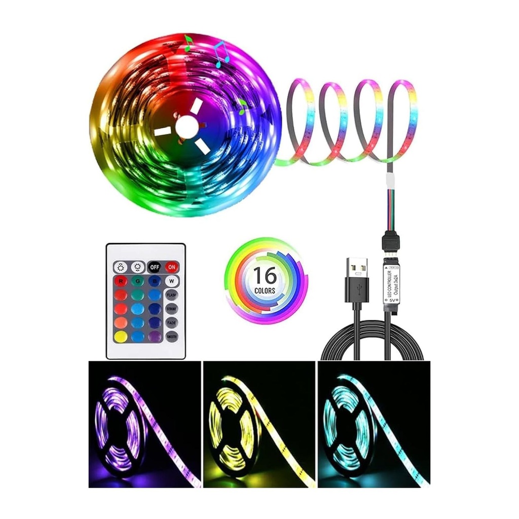 أضواء LED شريطية RGB 16 لونًا مع جهاز تحكم عن بعد وقوة USB - إضاءة زخرفية متعددة الوظائف للمنزل والحفلات والمزيد