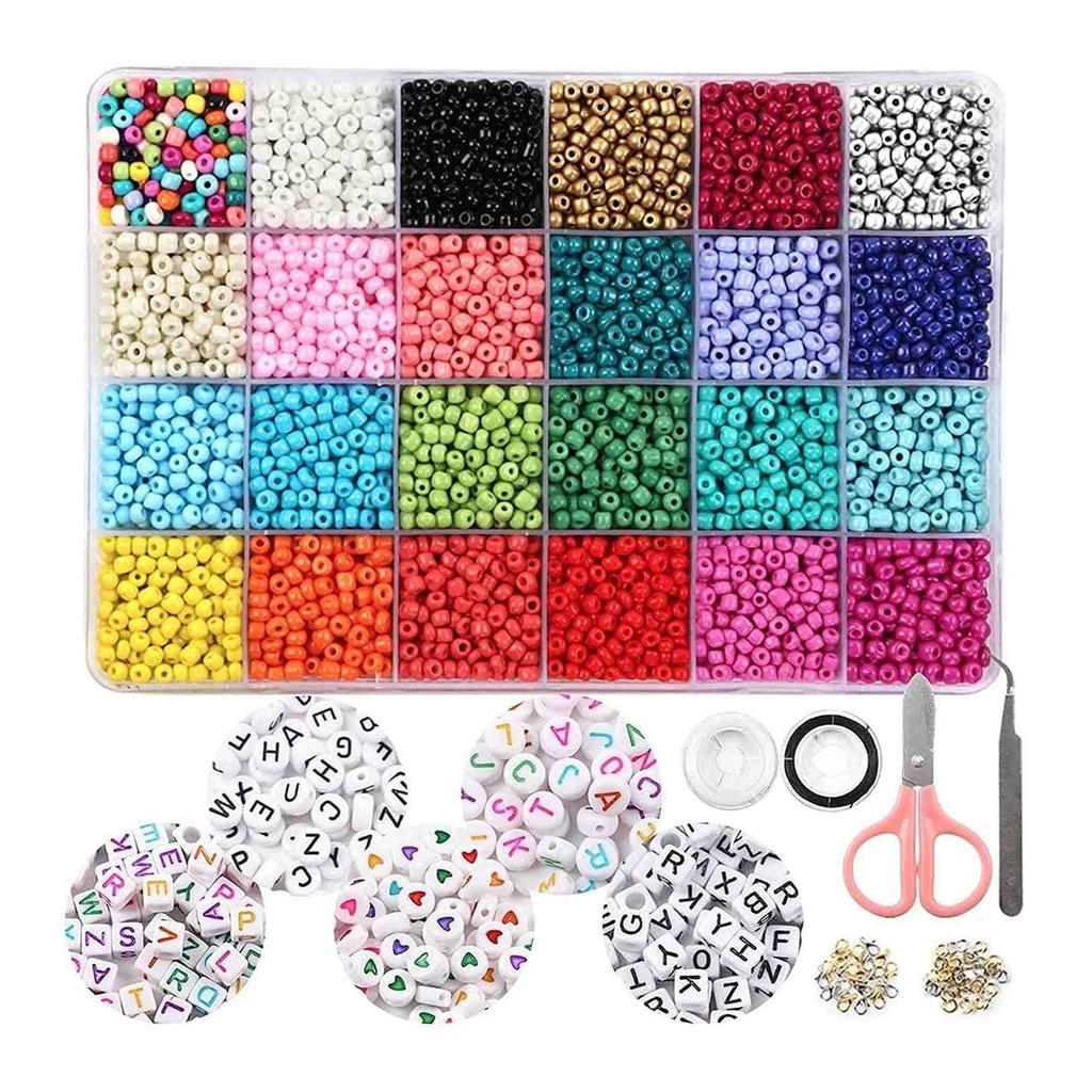 24-Color Seed Bead Kit with Letter & Heart Beads, Jewelry Making Supplies for Kids and Adults
