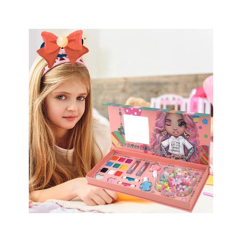 Washable Kids Makeup Kit with Mirror & Accessories -  Girl's Pretend Play Set, Birthday & Holiday Gift