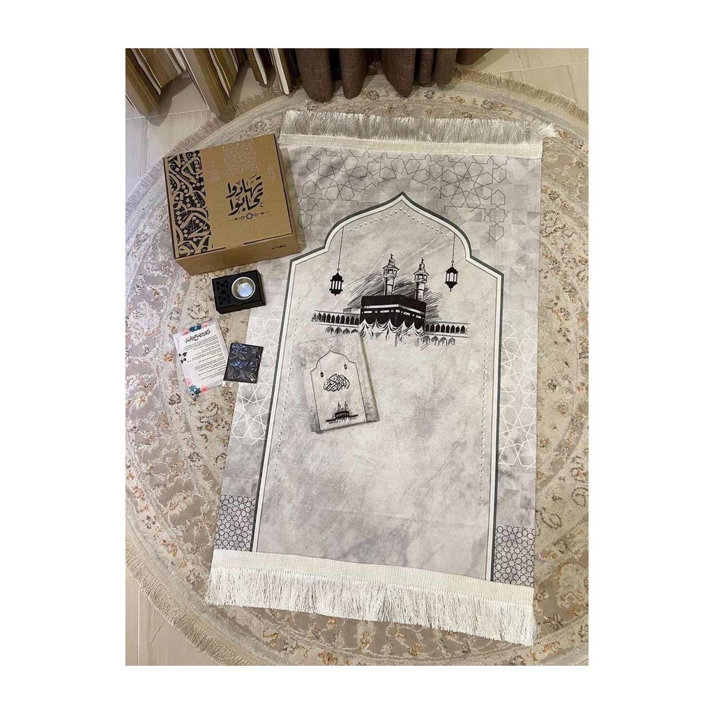 Elegant Grey Prayer Mat Gift Set: Kaaba Design, Incense Burner & Prayer Card