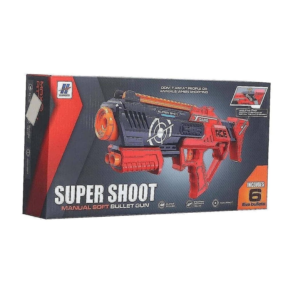 Super Shoot Manual Soft Bullet Gun Toy for Kids - Red and Black Design - 15cm Range - 6 EVA Bullets Included