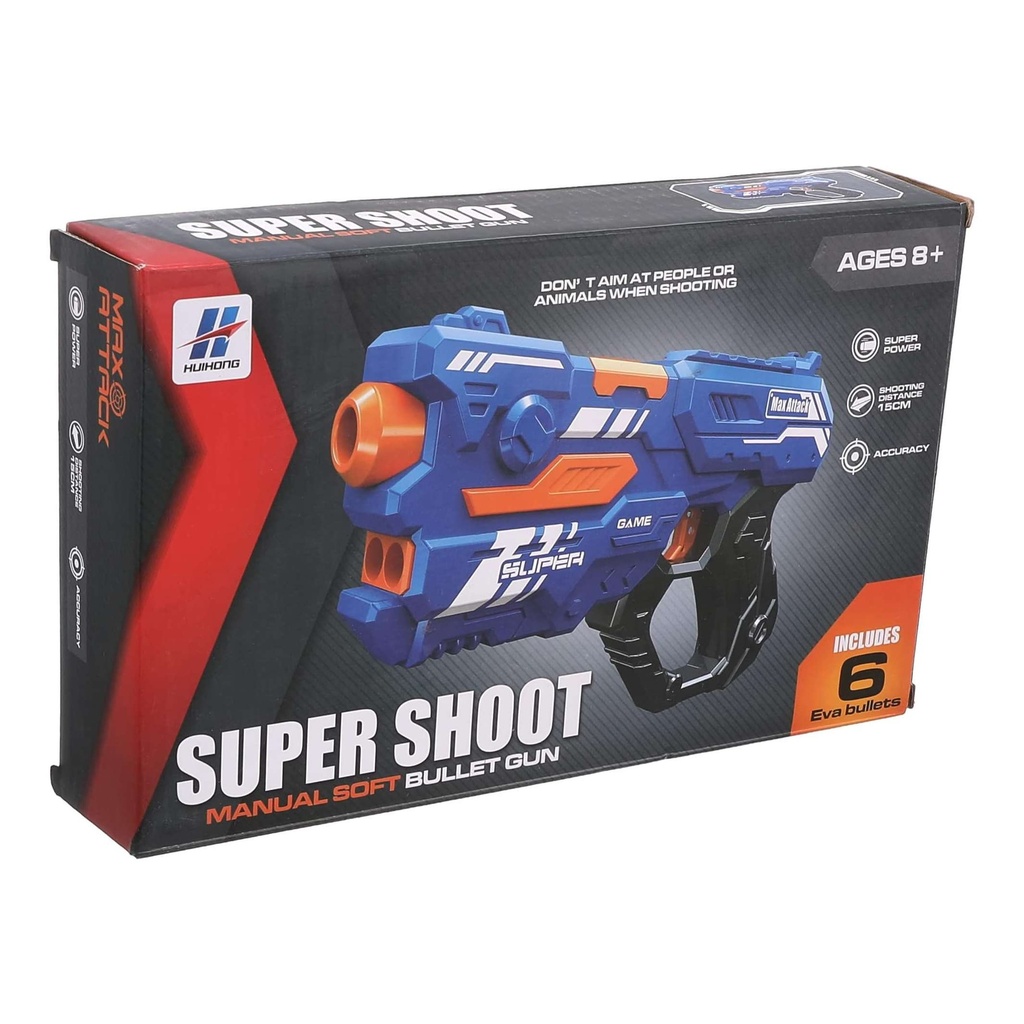 Super Shoot Manual Soft Bullet Gun for Kids Ages 8+: Blue and Orange Toy Blaster with 15cm Range, Includes 6 EVA Bullets