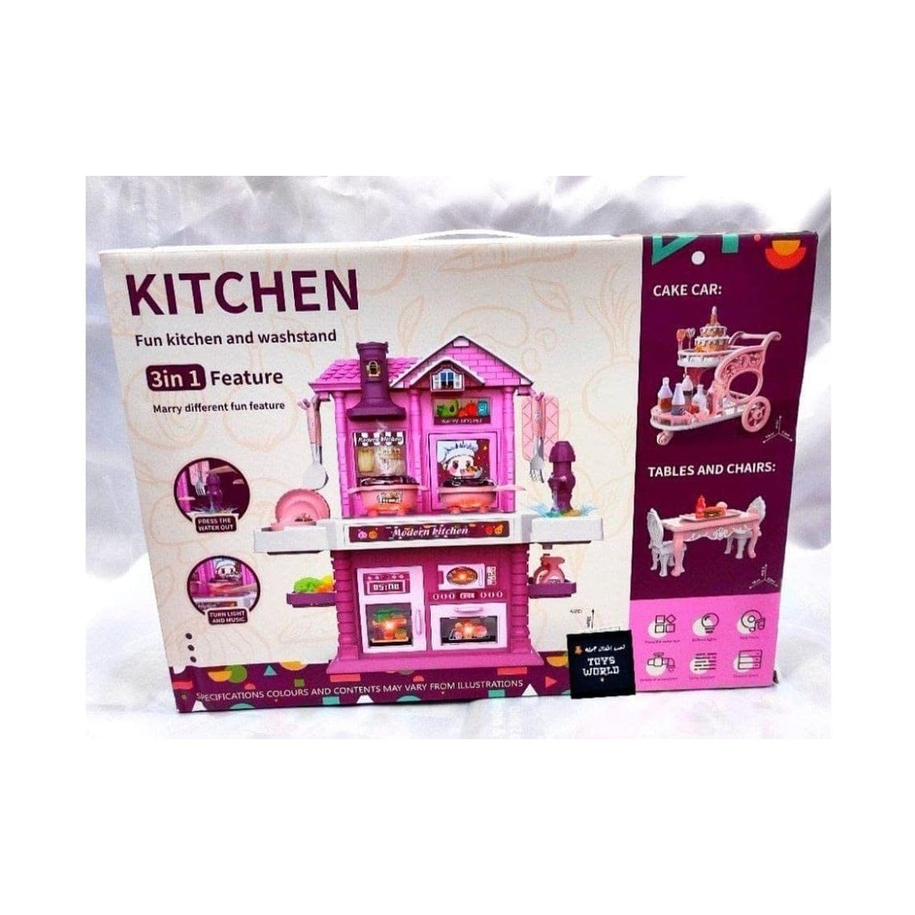 Pink 3-in-1 Play Kitchen with Cake Cart and Table Set