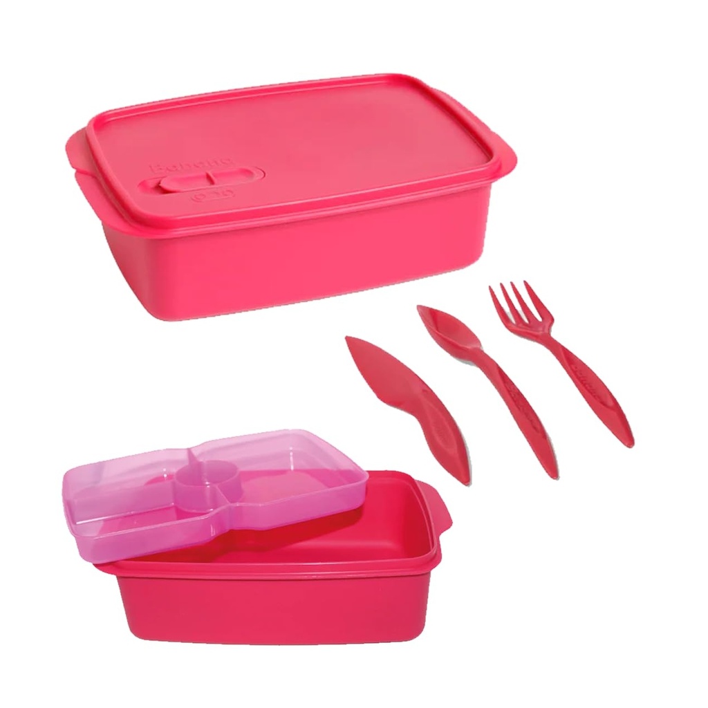 Pink 1.5L Rectangular Lunch Box with Removable Divider and Cutlery Set