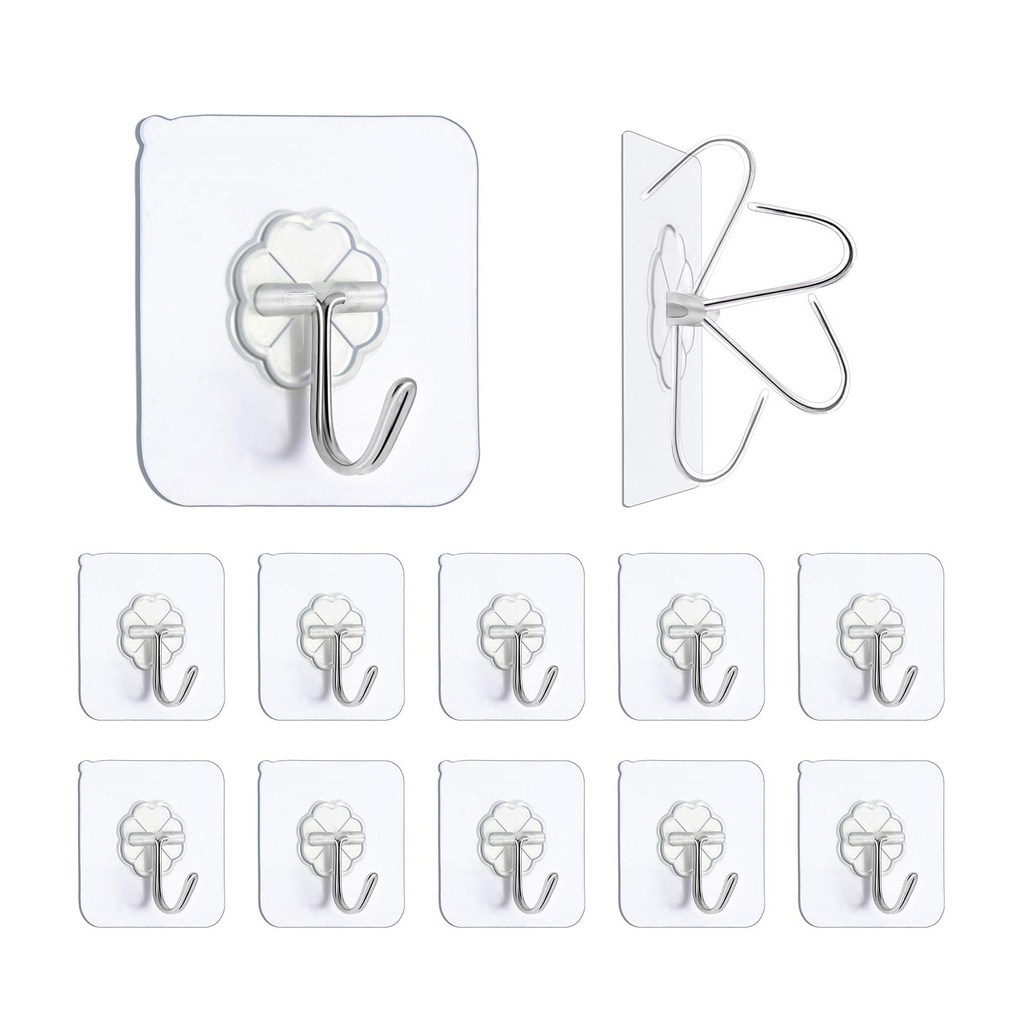 10 Pack Adhesive Hooks, Heavy Duty Self Adhesive Wall Hooks with Stainless Steel Hooks for Kitchen, Bathroom, Office, and More - Transparent, Reusable, and Damage-Free