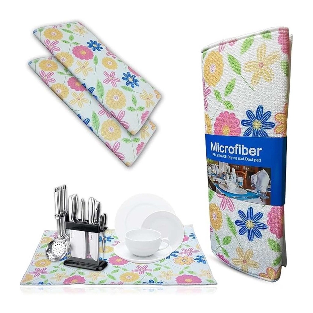 2-Pack Floral Microfiber Dish Drying Mat Set - Super Absorbent Kitchen Drying Pad & Dusting Cloth - 50x38cm