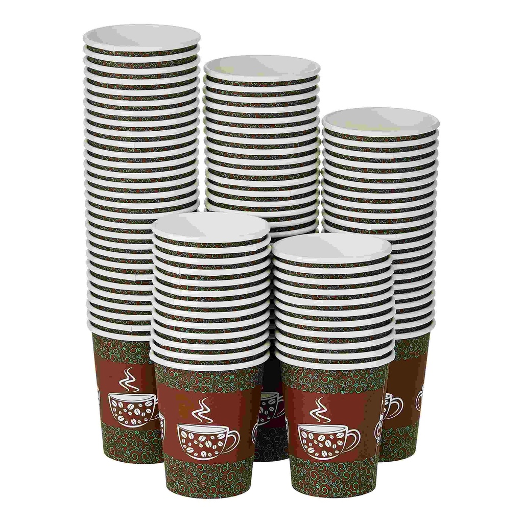 100-Count 9 oz Paper Coffee Cups with Coffee Bean Design - Disposable Hot Beverage Cups for Cafe, Office, or Home