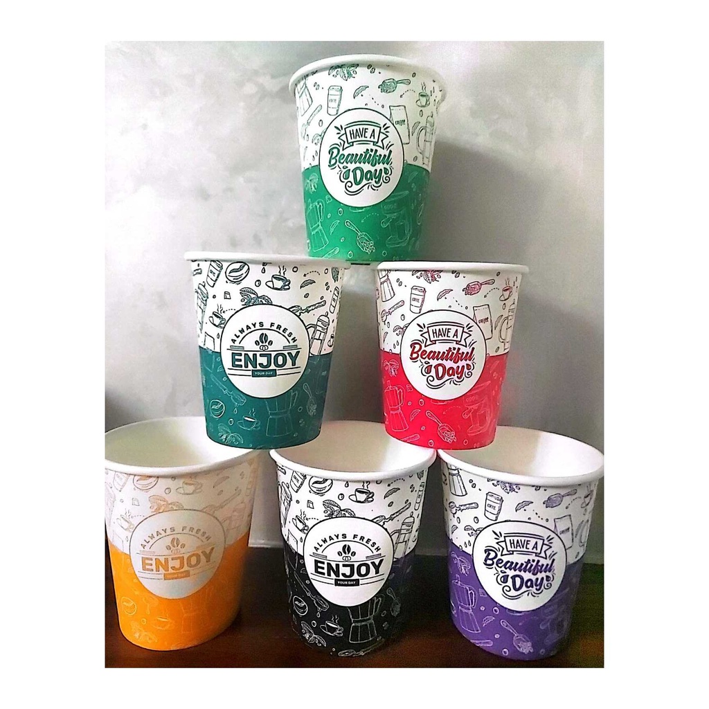 50 Disposable 7 oz Paper Coffee Cups with Inspirational Designs - Cafe & Coffee Shop Supplies