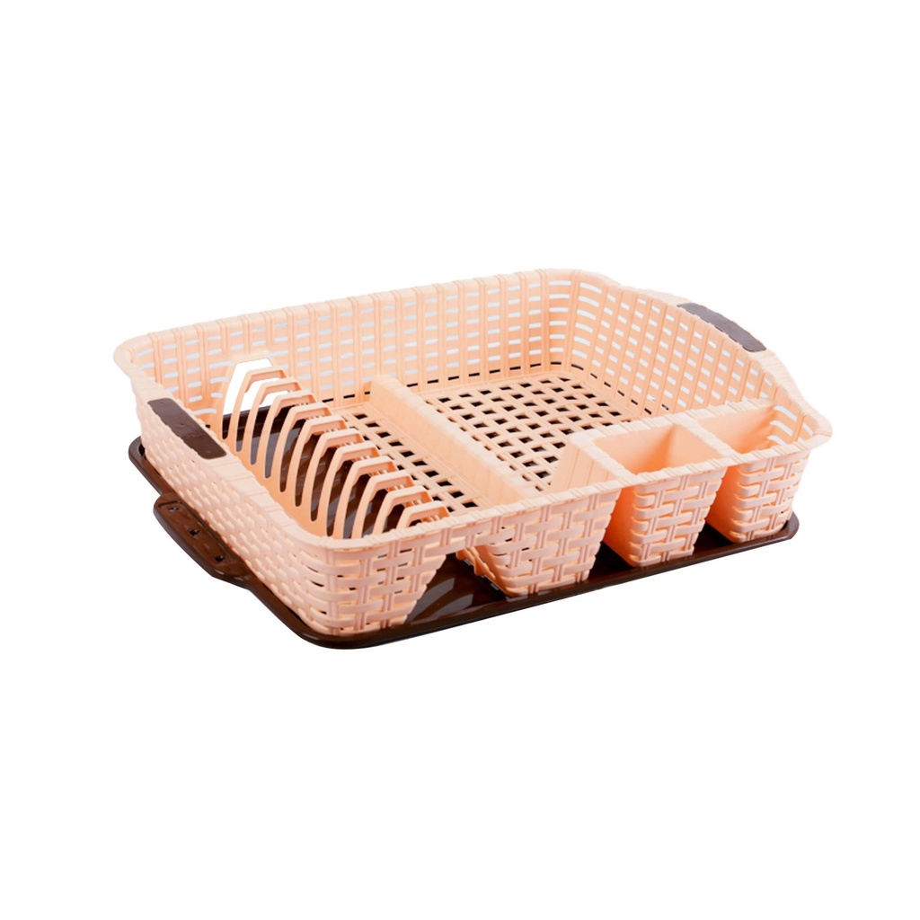 Beige and Brown Plastic Dish Drying Rack with Cutlery Organizer – Kitchen Dish Drainer for Efficient Dishwashing