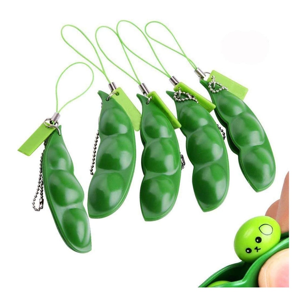 Five Adorable Edamame Keychains - Fun Fidget Toy Set with Metal Chain and Loop