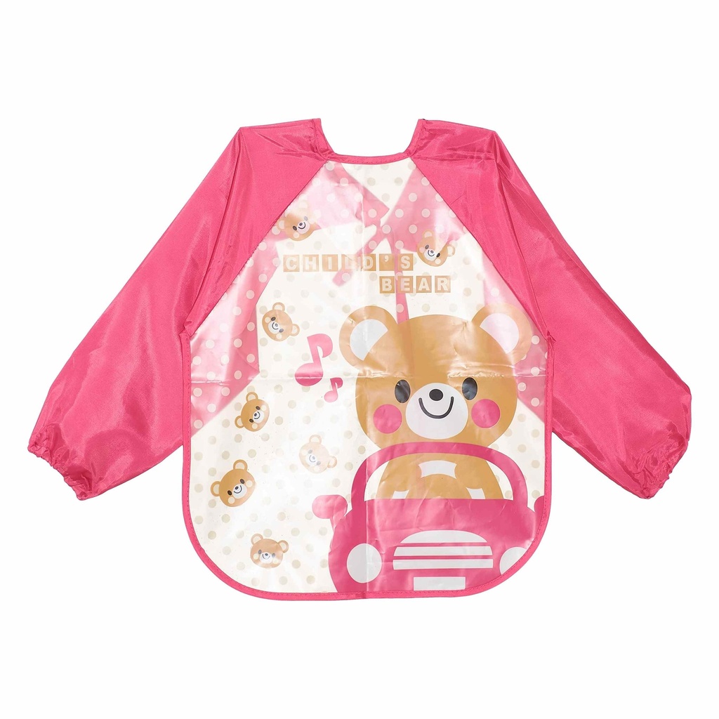 Pink Child's Long-Sleeve Bear & Car Design Waterproof Bib - Mess-Free Mealtimes