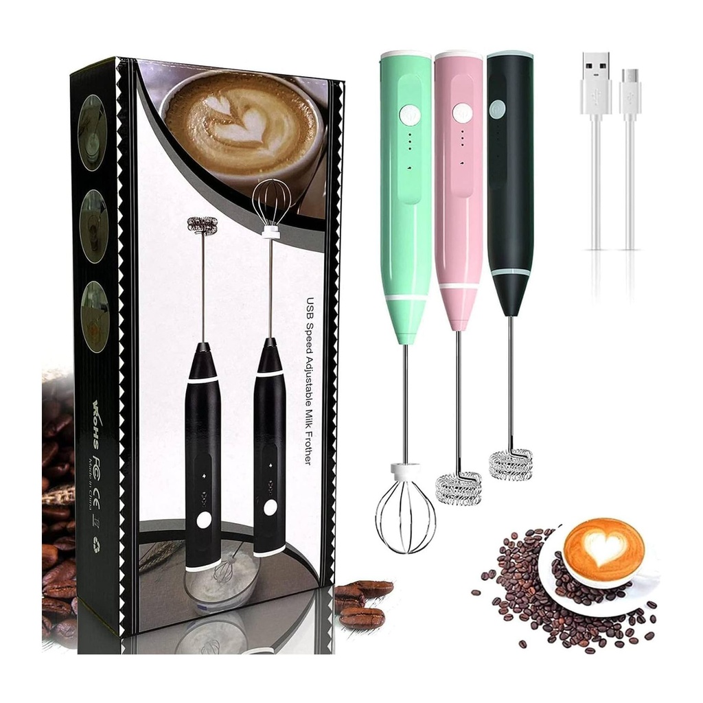 مضرب حليب كهربائي قابل لإعادة الشحن عبر USB، مع ملحقاتين من الستانلس ستيل -  أخضر نعناعي، وردي، وأسود