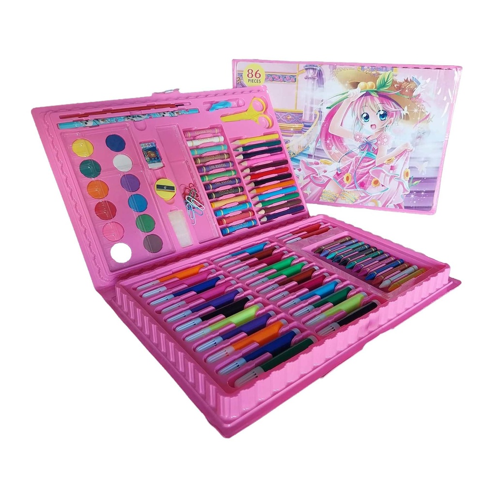 أروع طقم رسم ٨٦ قطعة للأطفال: شنطة وردية مع ألوان شمعية، أقلام تلوين، أقلام رصاص ملونة، ألوان مائية، وأكثر!