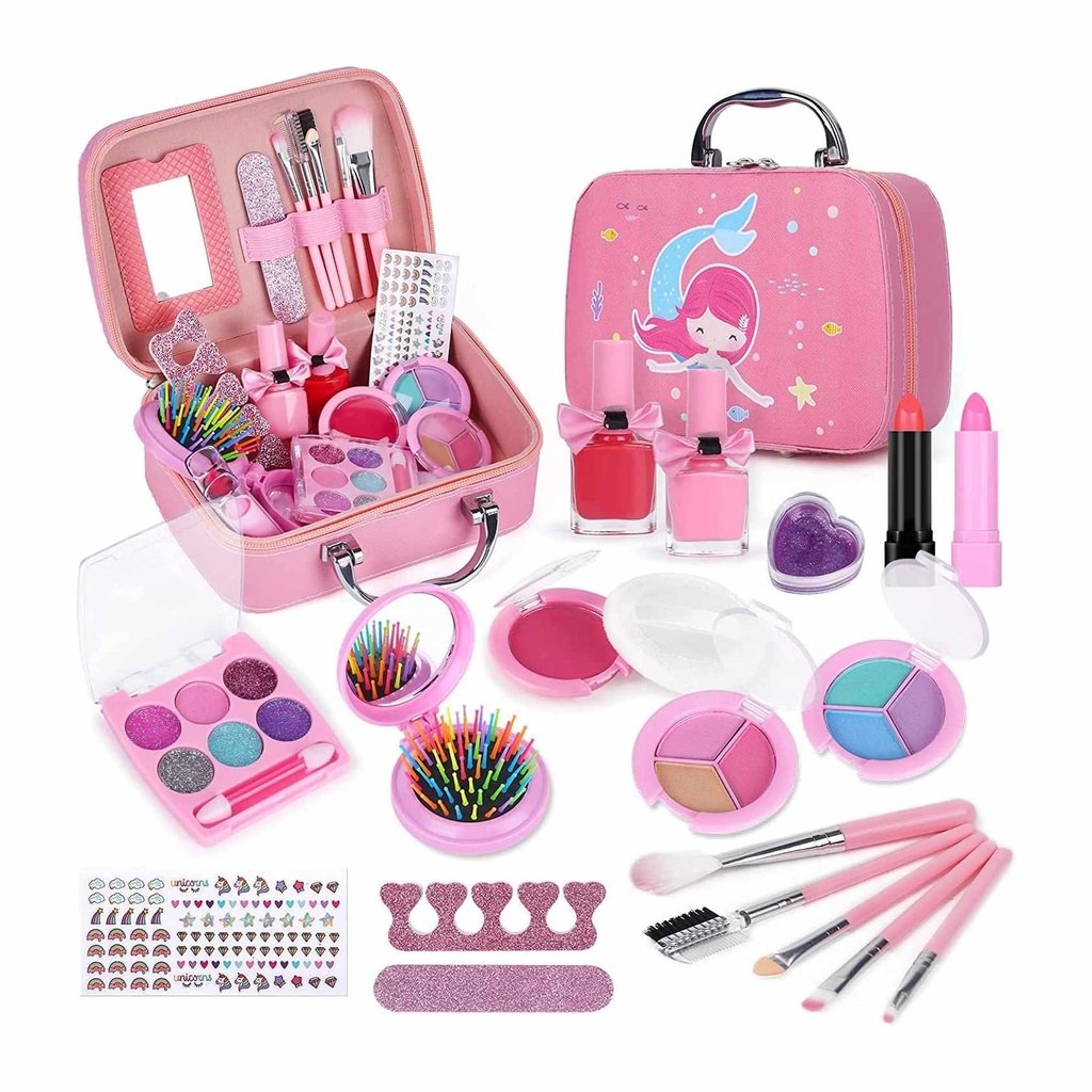 Ultimate Mermaid-Themed Pretend Makeup Kit for Girls: 26-Piece Washable Cosmetic Set with Carry Case