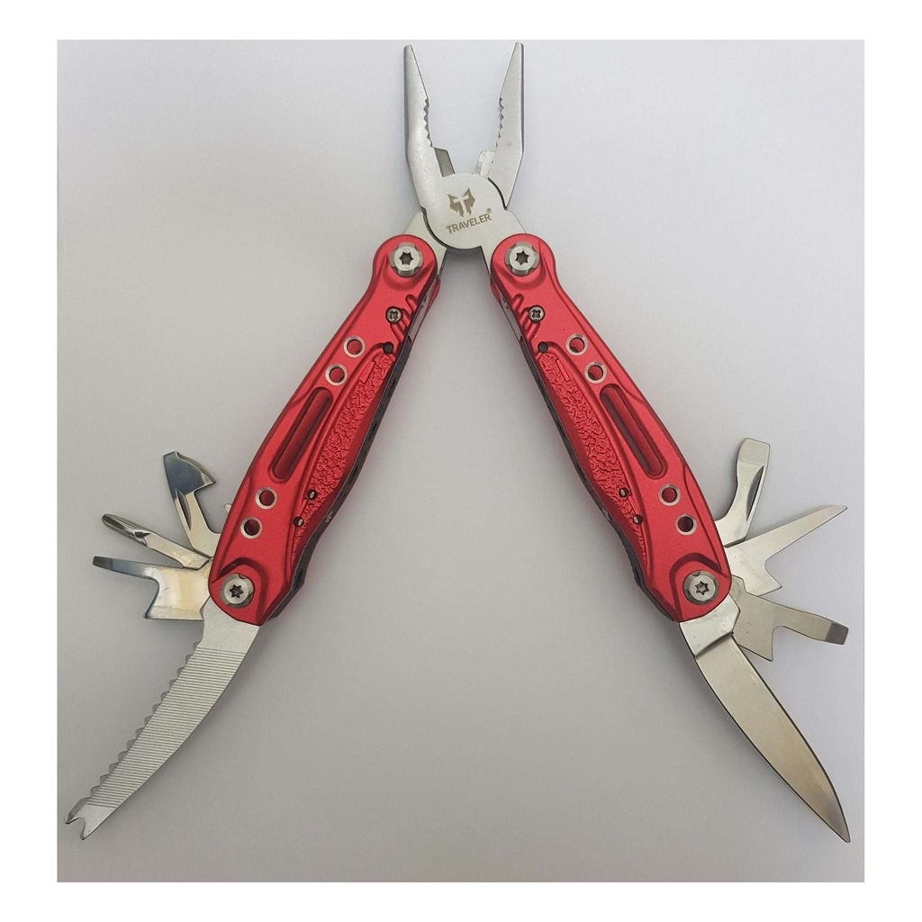 Red Multi-Tool Pliers: 12-in-1 Pocket Survival Kit with Saw, Knife, and Screwdrivers for Camping, Hiking, and Everyday Carry