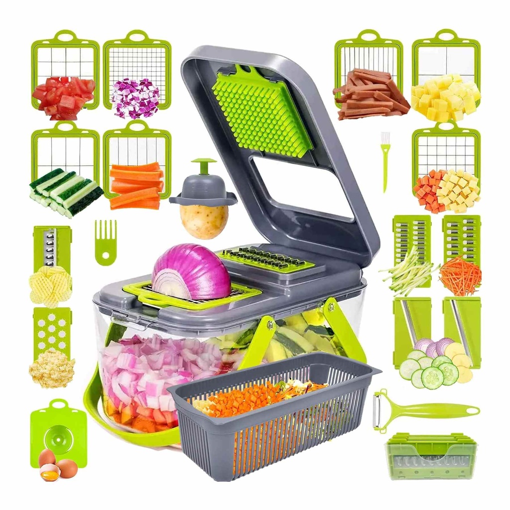 Multi-Functional Vegetable Slicer Dicer Chopper with 11 Interchangeable Blades, Food Container, and Cleaning Basket