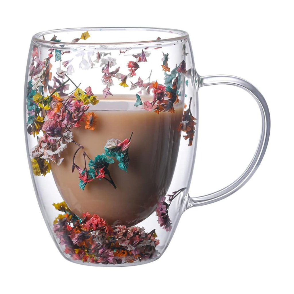 Double-Walled Glass Coffee Mugs with Flower Design - Cappuccino, Tea, Espresso, Latte & Hot Drinks