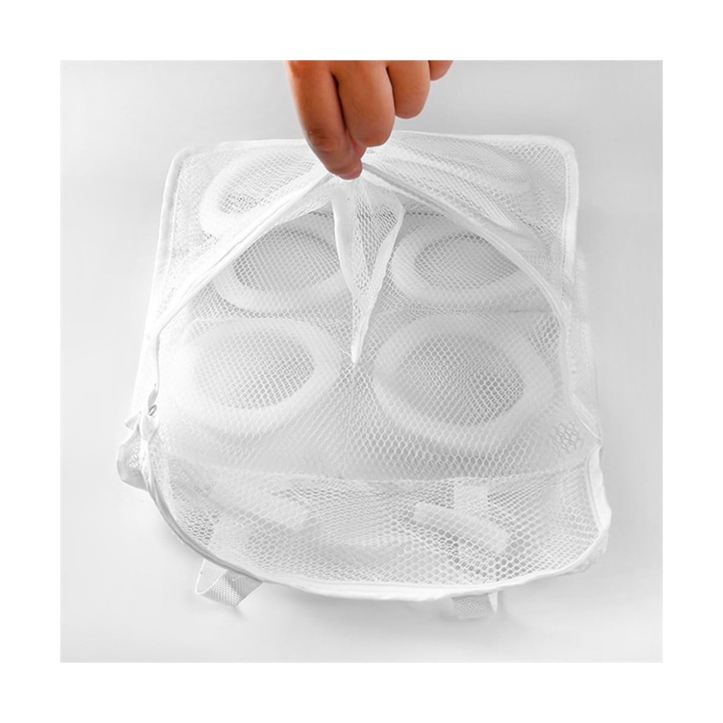 كيس غسيل أحذية رياضية أبيض من الشبك بسحاب ومقابض - كيس متين لغسل الأحذية لحماية الأحذية الرياضية أثناء الغسيل