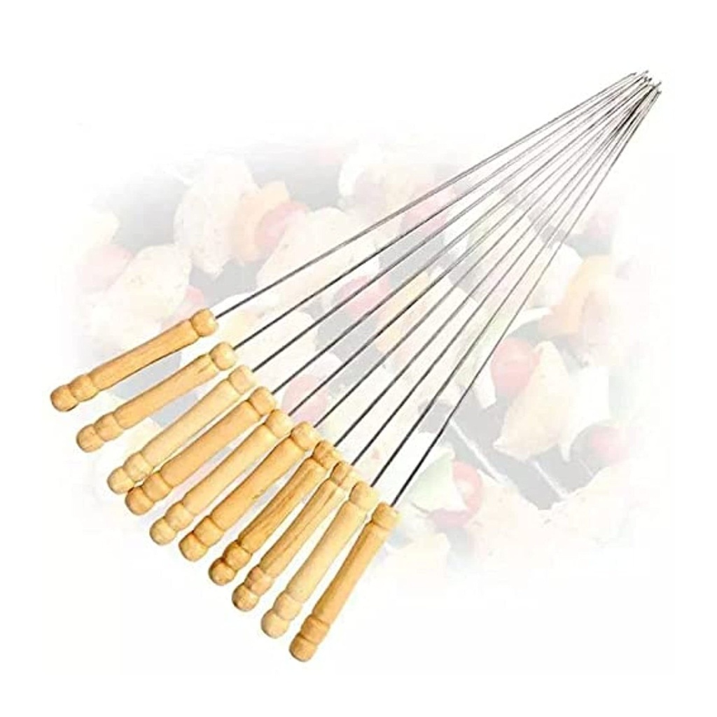 اسياخ شواء معدنية ١٢ قطعة بمقابض خشبية - قابلة لإعادة الاستخدام، مثالية للكباب، المارشمللو، واكتر