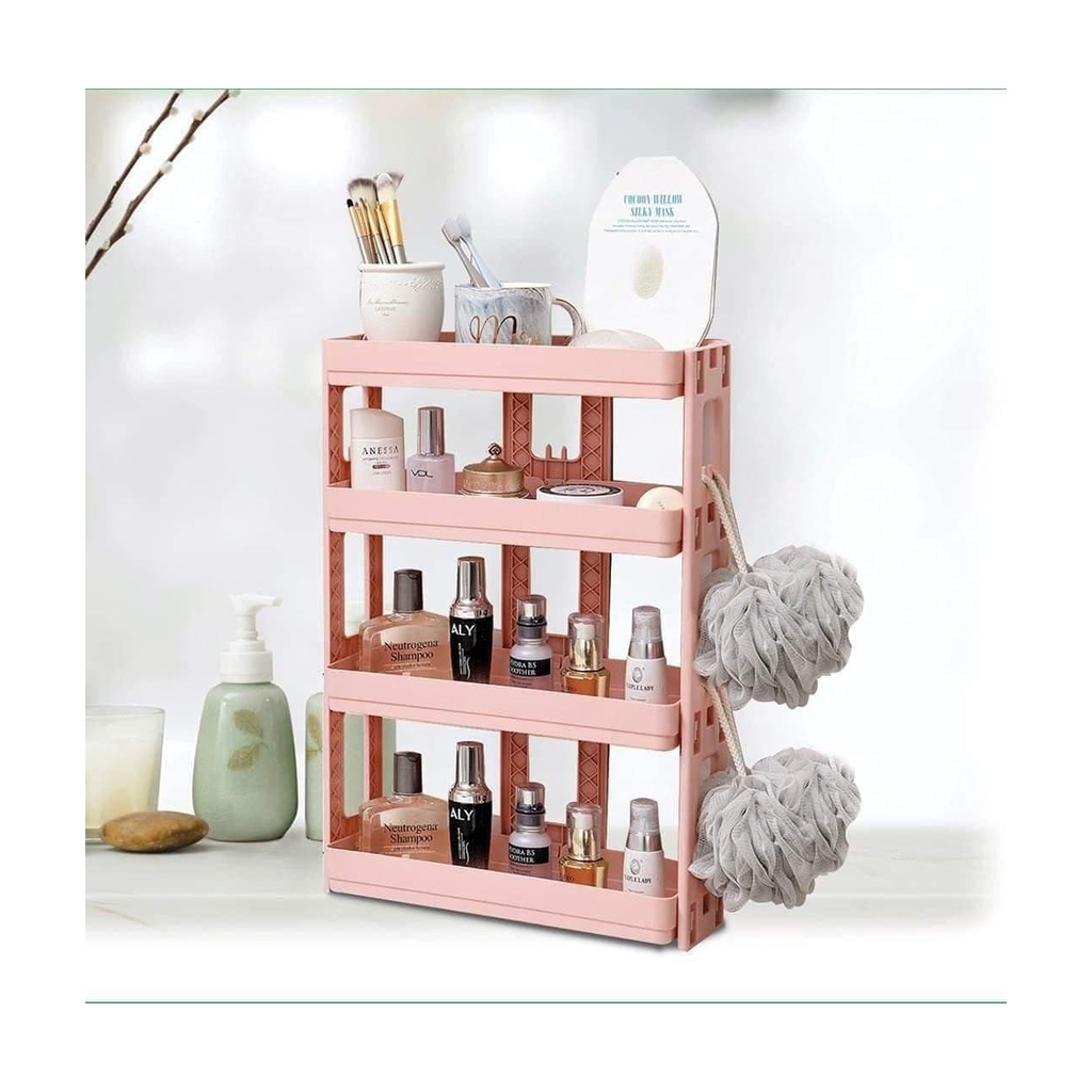 رف منظم ثلاث أدوار، لون روز، بلاستيك، قابل للتكديس، للحمام، المطبخ، وتزيين - رف تخزين موفر للمساحة مع خطافات معلقة
