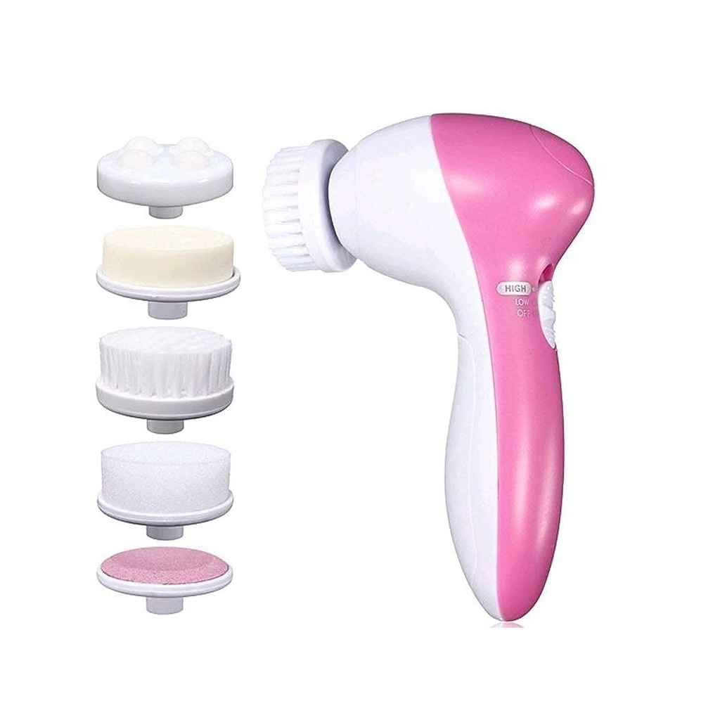 فرشاة تنظيف الوجه الكهربائية ٥ في ١ مع رؤوس تدليك - تعمل بالبطارية، تقشير وتنظيف عميق للبشرة، جهاز للعناية بالبشرة للنساء