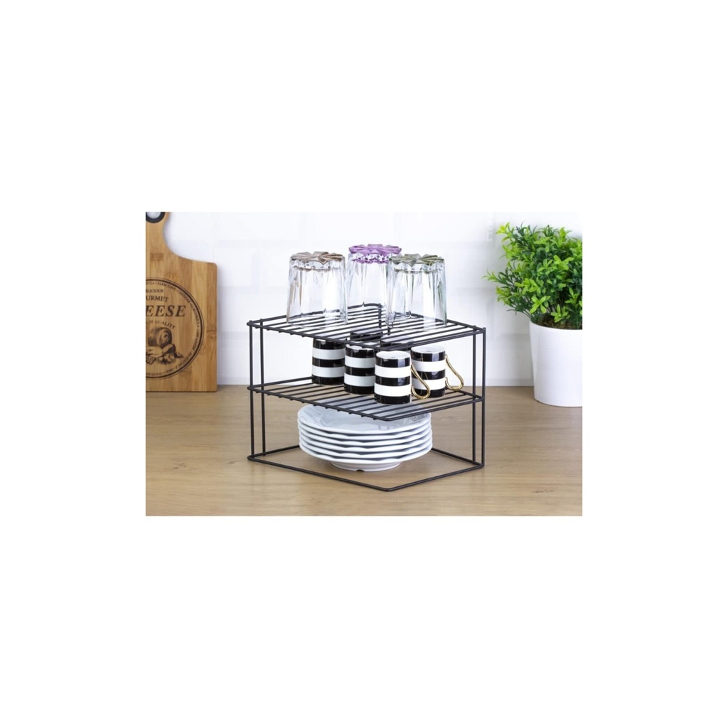 Black Metal 2-Tier Corner Shelf Organizer for Kitchen Cabinets - Dishes, Cups, and Mugs Storage Rack