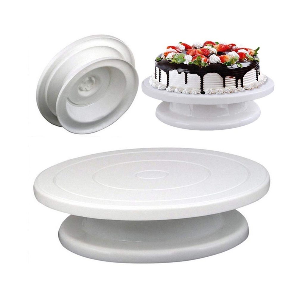 دُوّارة تزيين كيك بلاستيك أبيض - قاعدة كيك دوارة ٣٦٠ درجة لتسهيل التزيين ووضع الكريمة