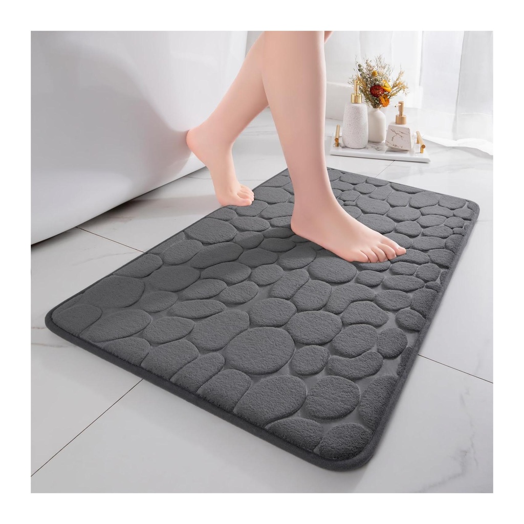 بساط حمام فاخر من رغوة الذاكرة بتصميم حصى - ماص جداً، سجادة حمام غير قابلة للانزلاق من أجل الراحة والأمان - قابلة للغسل في الغسالة