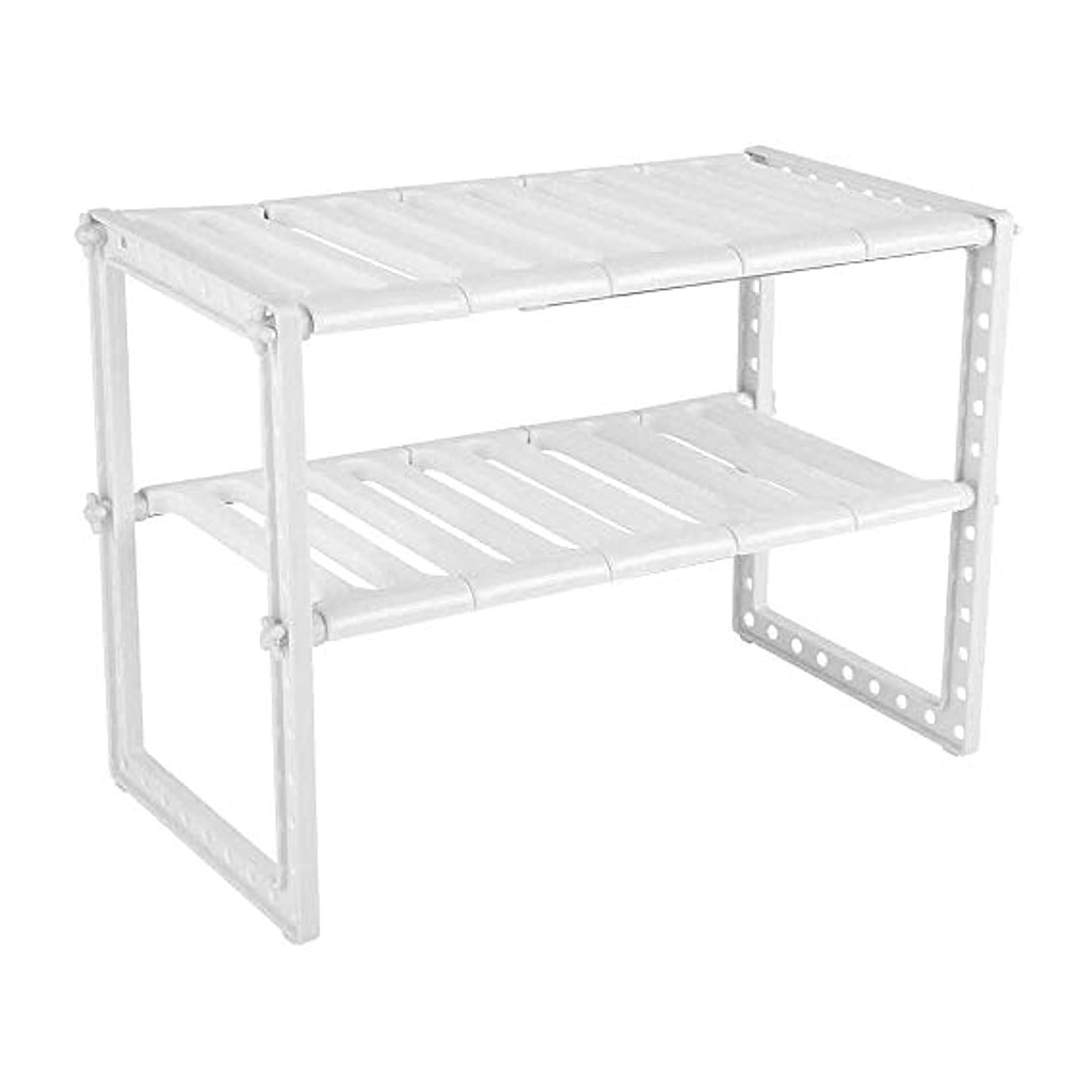 Expandable 2-Tier Under-Sink Shelf Organizer for Kitchen and Bathroom Storage - Adjustable Width White Plastic Rack