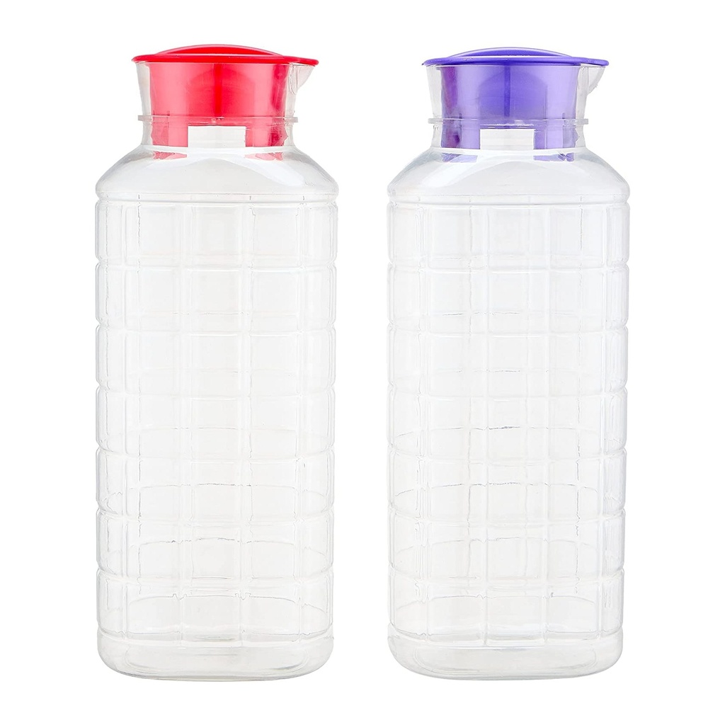 ابريقين مياه بلاستيك شفاف سعة 1.5 لتر، مع أغطية ملونة - أحمر و بنفسجي