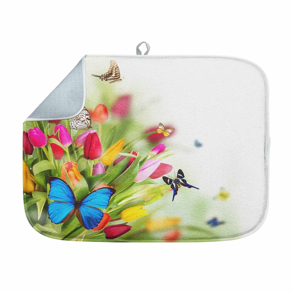 Spring Tulips and Butterflies Dish Drying Mat - Absorbent Microfiber Kitchen Counter Mat with Hanging Loop - Heat-Resistant & Reversible