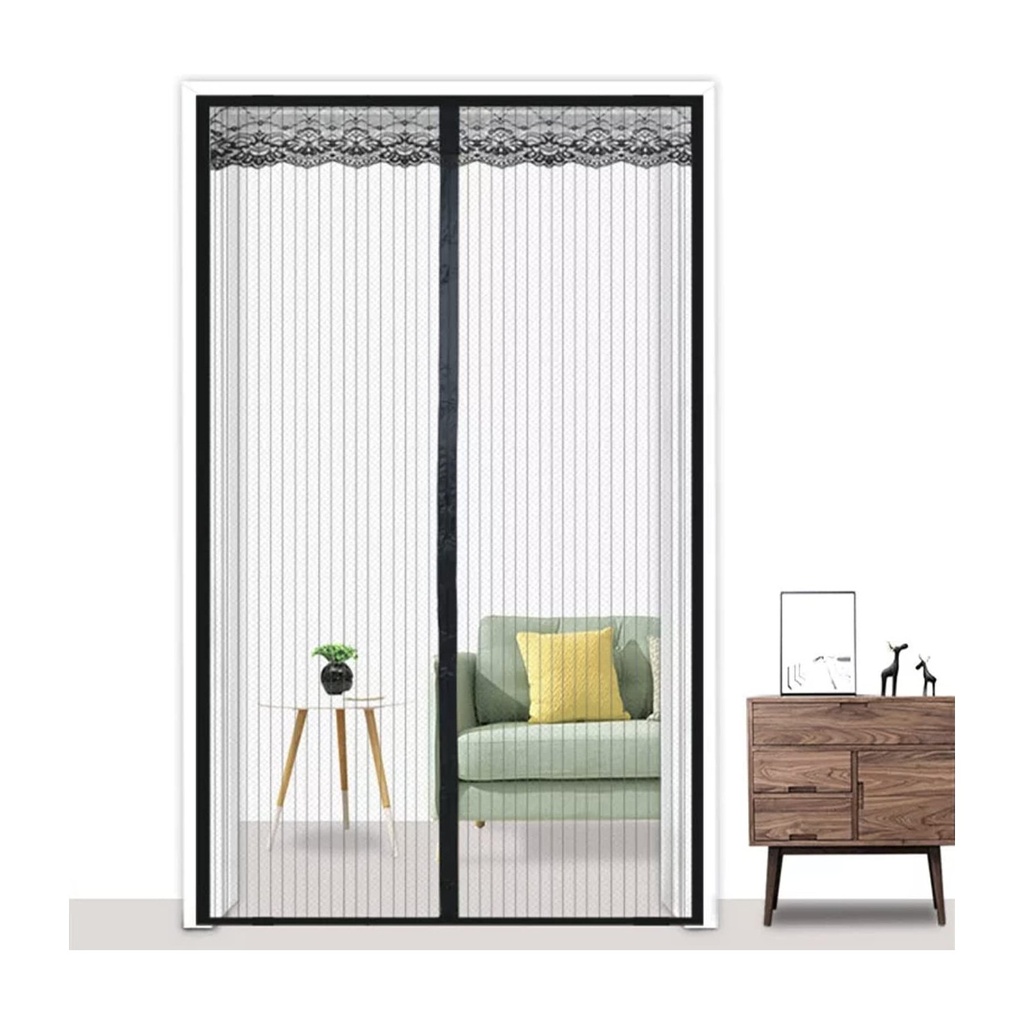 Magnetic Mesh Door Screen with Lace Trim - Self-Closing Insect Screen for Patio, Balcony, and French Doors - 90 x 210cm Black