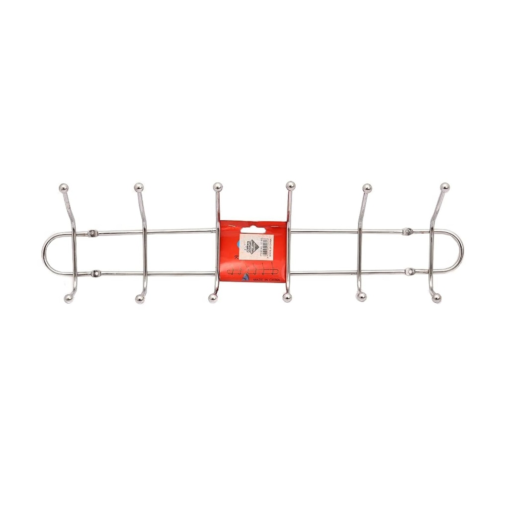Chrome-Finished Stainless Steel Wall-Mounted Hook Rack with Six Double Hooks for Home Entryway, Bathroom, or Closet Organization