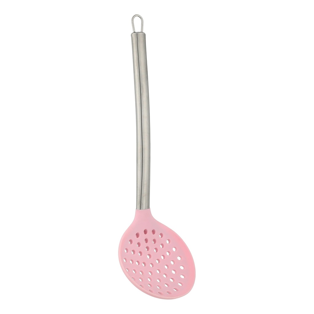 Pink Silicone Slotted Spoon with Stainless Steel Handle - Kitchen Utensil for Cooking and Serving