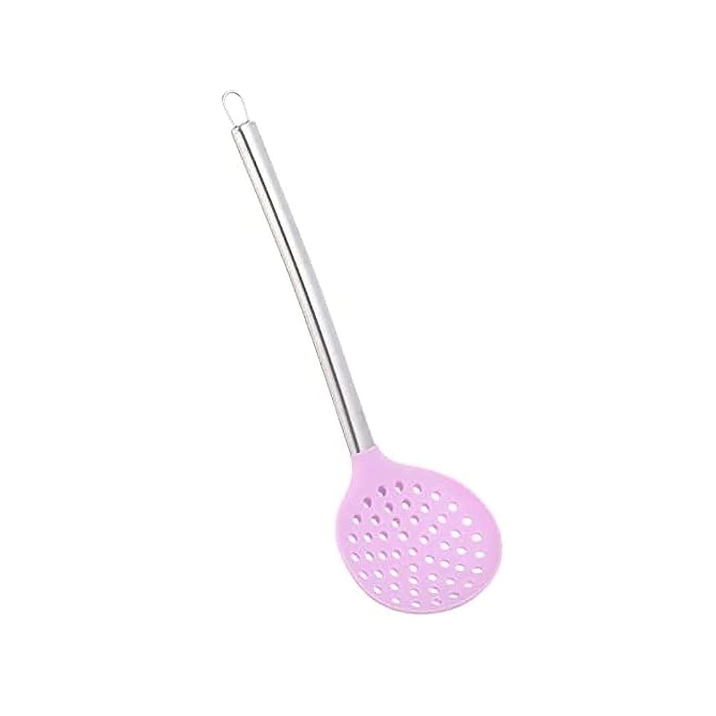 Pink Silicone Slotted Spoon with Stainless Steel Handle - Kitchen Cooking Utensil for Pasta, Vegetables, and More