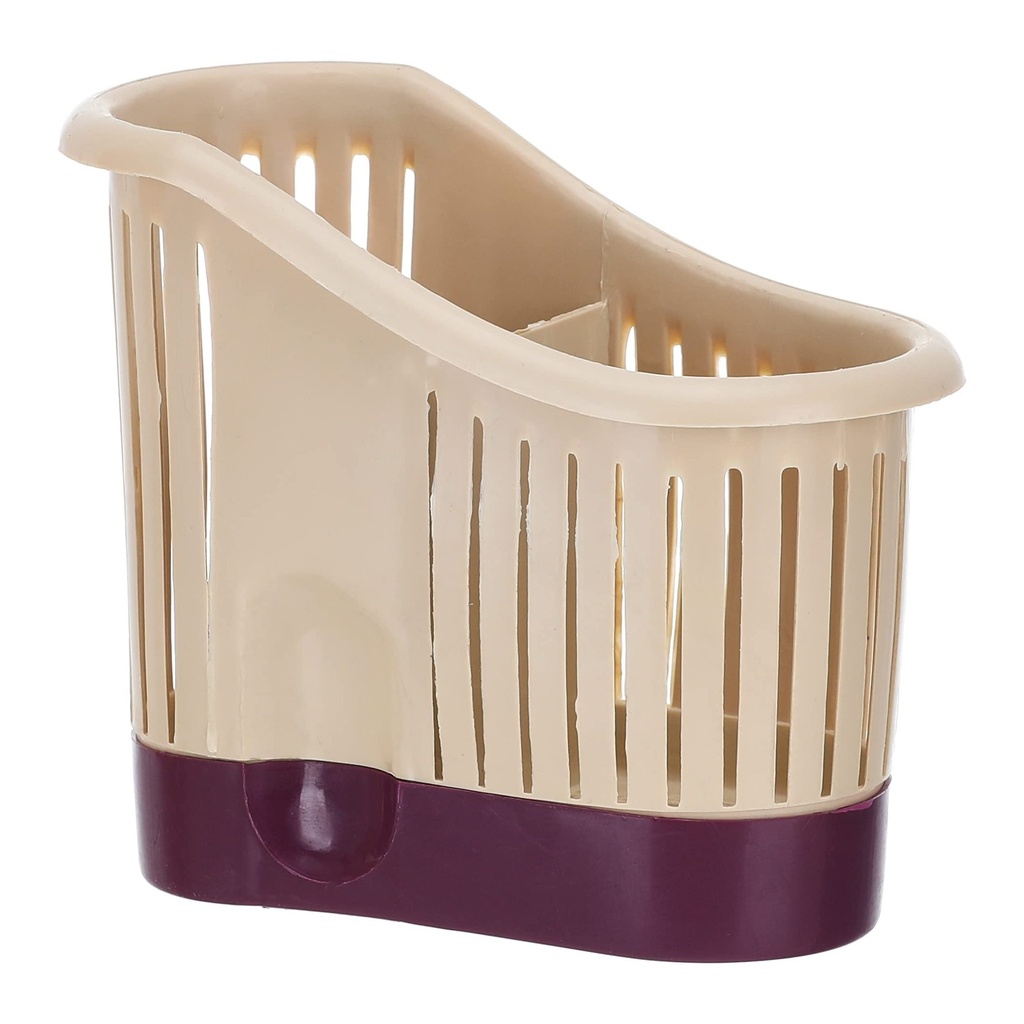 Beige and Purple Plastic Utensil Holder with Drainage Slits for Kitchen Organization