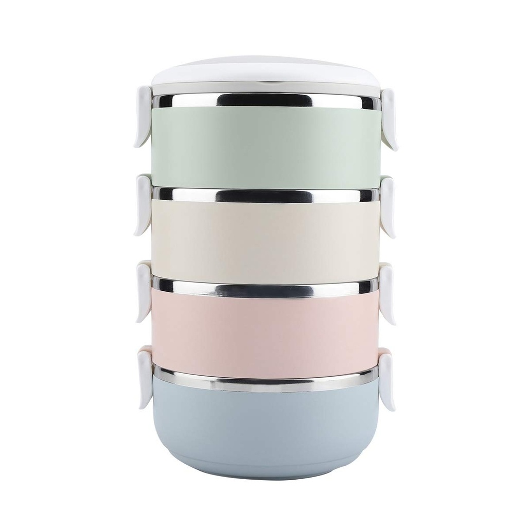 علبة غداء حرارية ستانلس ستيل متراكبة - ٤ مقصورات (بنتو بوكس) للكبار و الصغار - طقم أواني طعام محكم الغلق بألوان باستيل