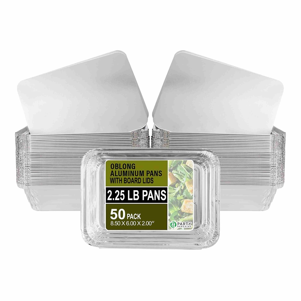 ٥٠ علبة ألومنيوم مستطيلة ٢.٢٥ رطل مع أغطية من الخشب - مقاس ٨.٥ × ٦ × ٢ بوصة، أواني ألومنيوم قابلة للتصرف  للكatering، الحفلات، و تخزين الطعام