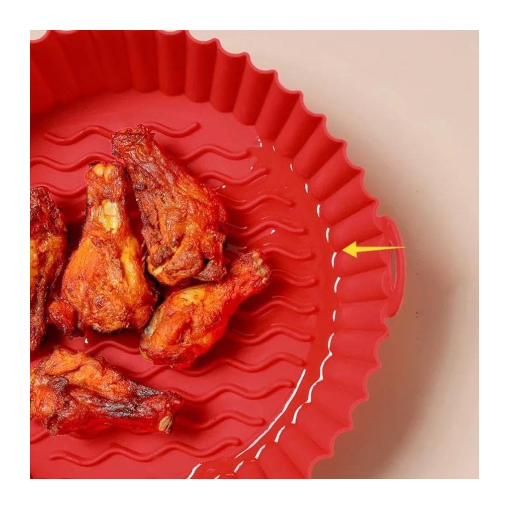 طاسة فرن هوائى سيليكون حمراء، غير قابلة للالتصاق، مع يد لحمّار فراخ مقرمشة و أكتر